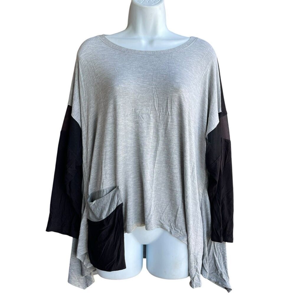 IC By CONNIE K Top Size M Jersey Knit Black Gray Pocket Mesh Lagenlook Blouse
